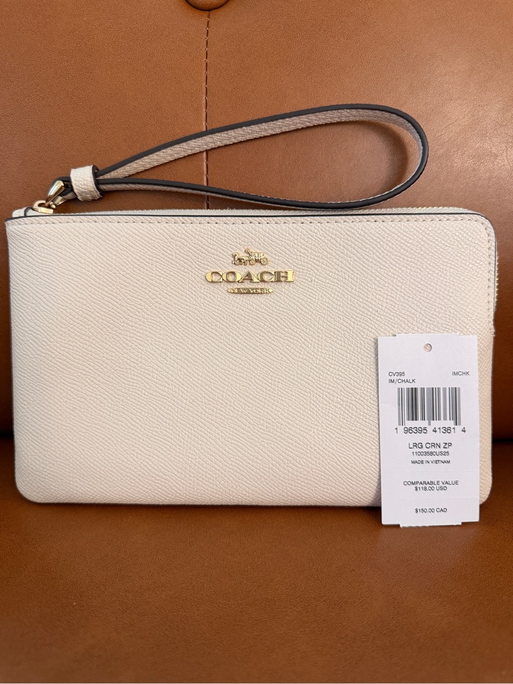 COACH Chalk Leather Wristlet with Gold Hardware